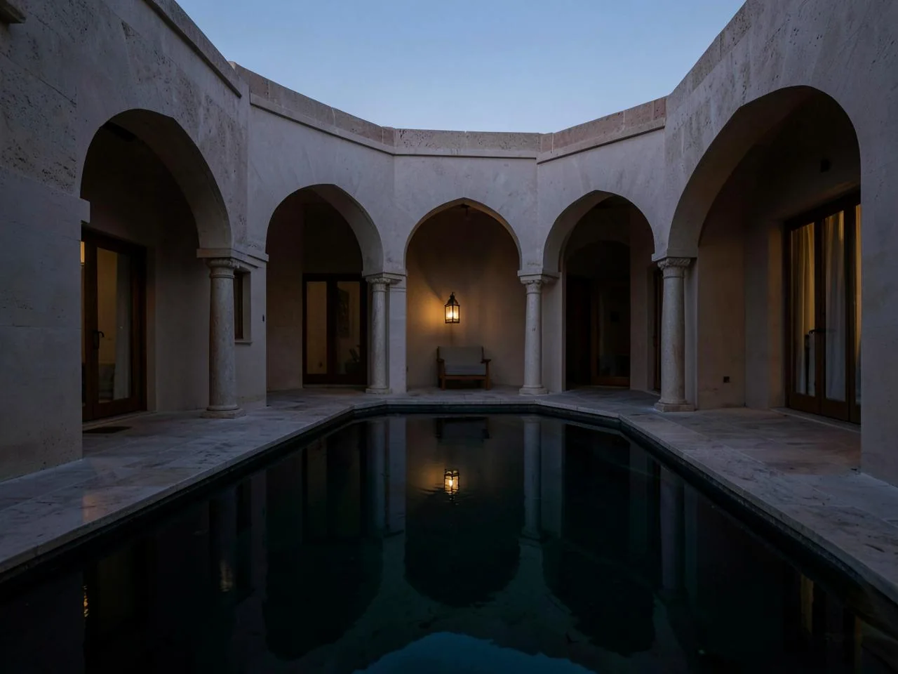 Patio de riad au crépuscule, lanterne reflétée dans le bassin